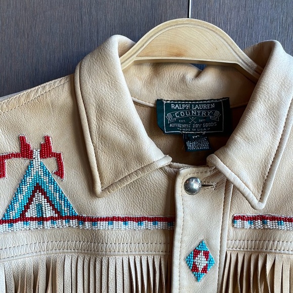 Vintage Ralph Lauren Country Beaded Fringe Tan Leather Jacket M - Picture 3 of 7